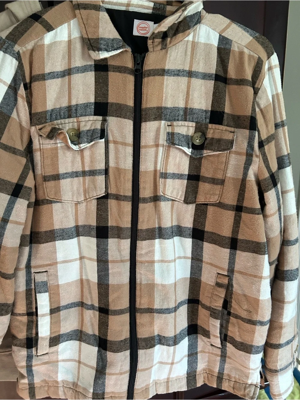 Boys XL Plaid Zip-Front Jacket in Beige and Black